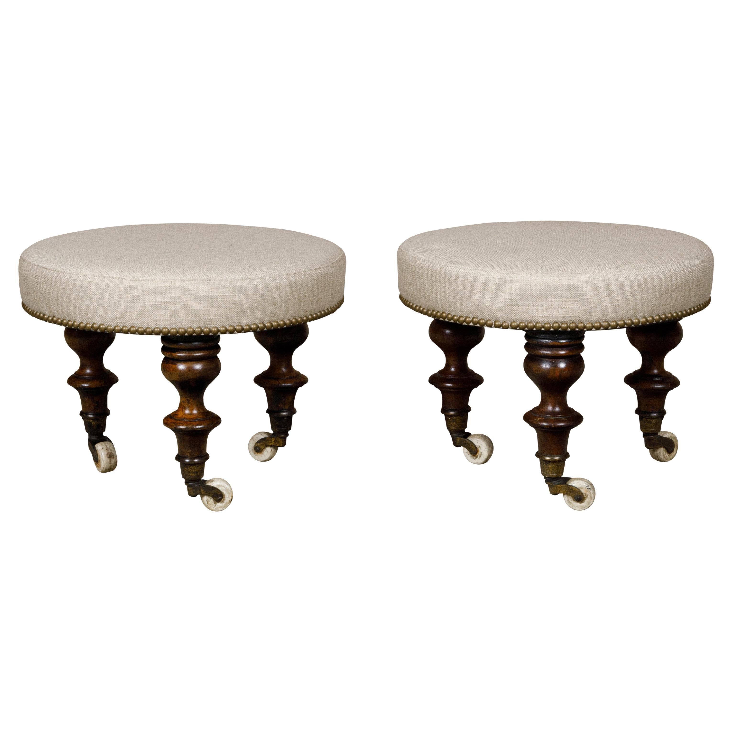 English Mahogany Stools with 19th Century Turned Legs on Casters, a Pair