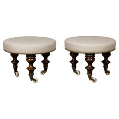 Antique English Mahogany Stools with 19th Century Turned Legs on Casters, a Pair