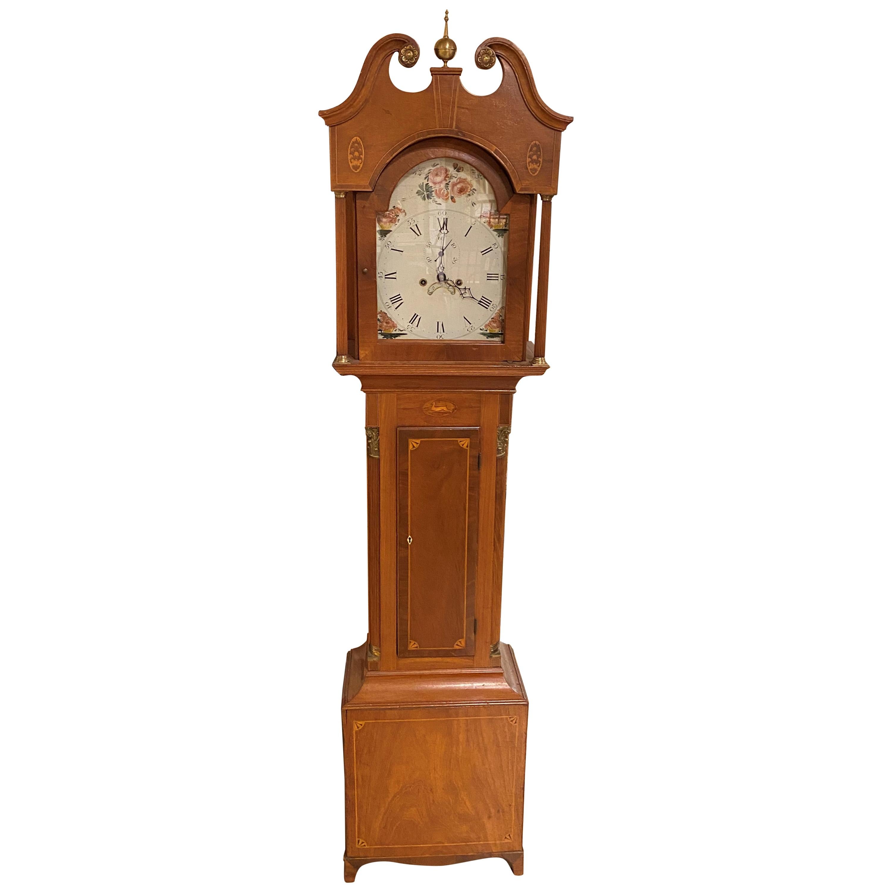 English Mahogany Tall Clock with Hand Painted Dial and Fine Inlay
