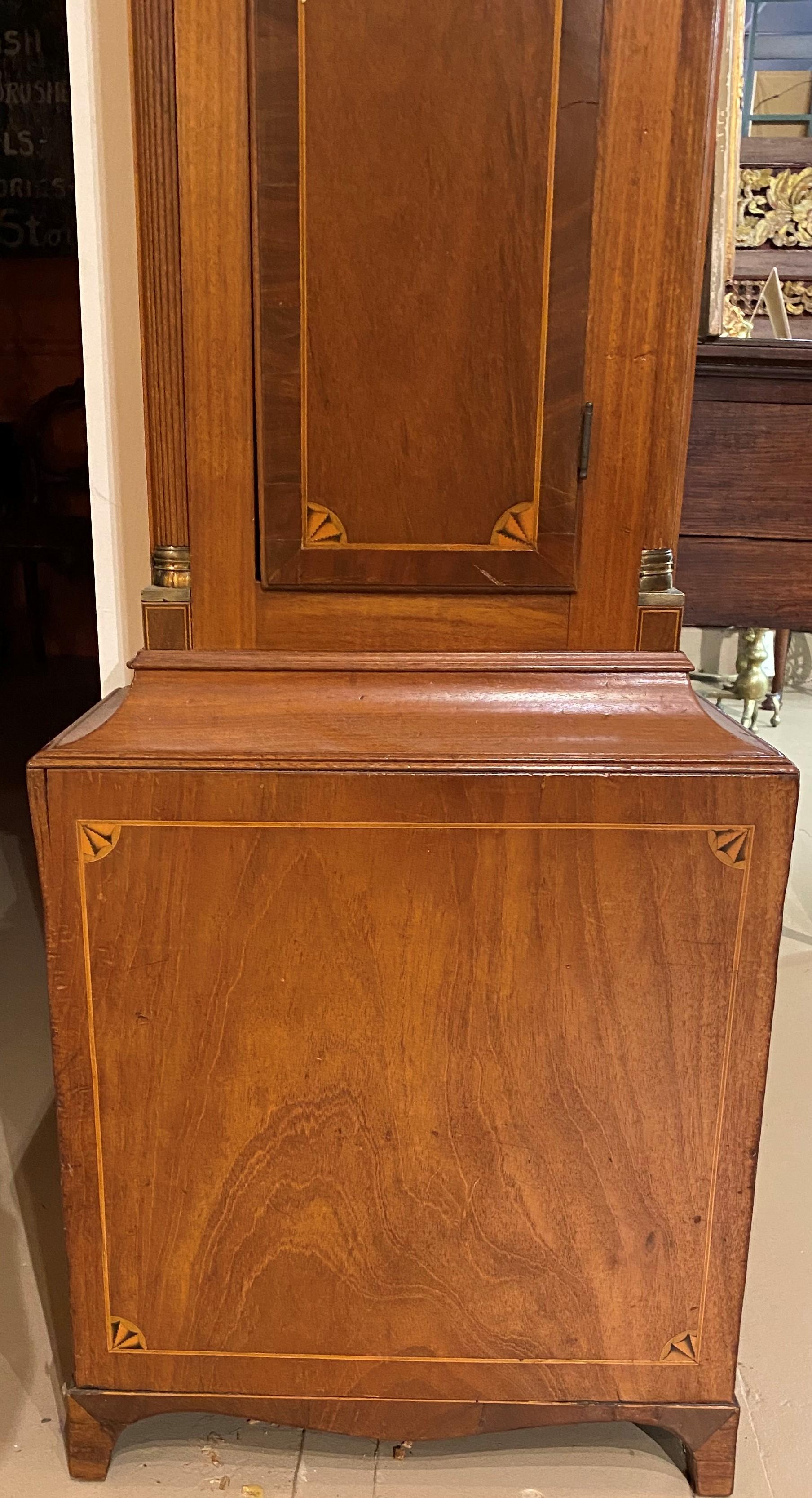 Brass English Mahogany Tall Clock with Hand Painted Dial and Fine Inlay