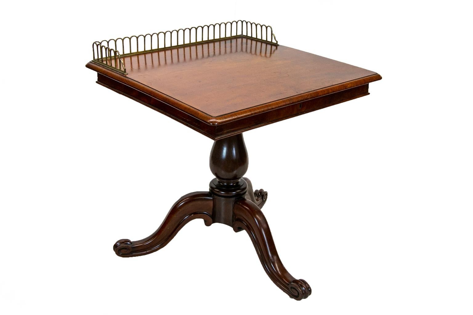 Brass English Mahogany Tripod Gallery Center Table For Sale
