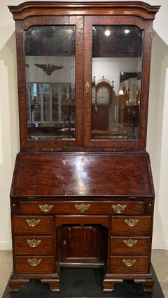 English Mahogany Two-Part Mirrored Secretary with Elaborate Upper Case c 1750-60