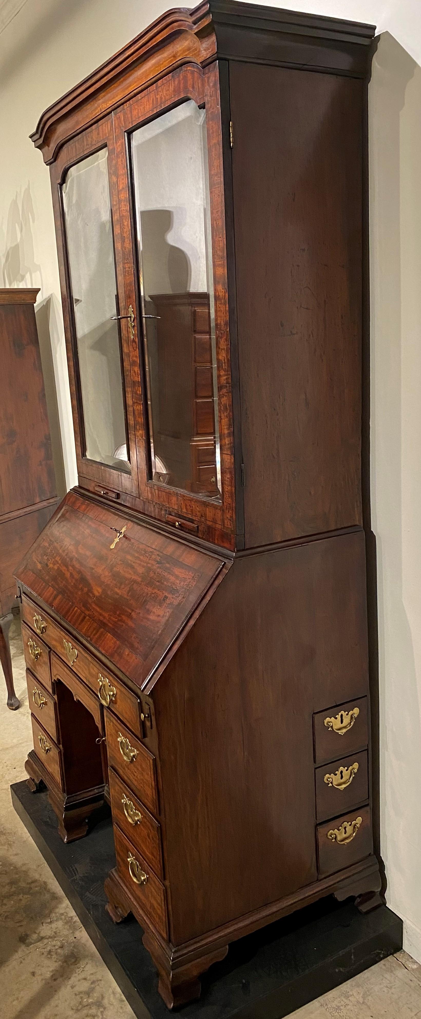 Queen Anne English Mahogany Two-Part Mirrored Secretary with Elaborate Upper Case c 1750-60