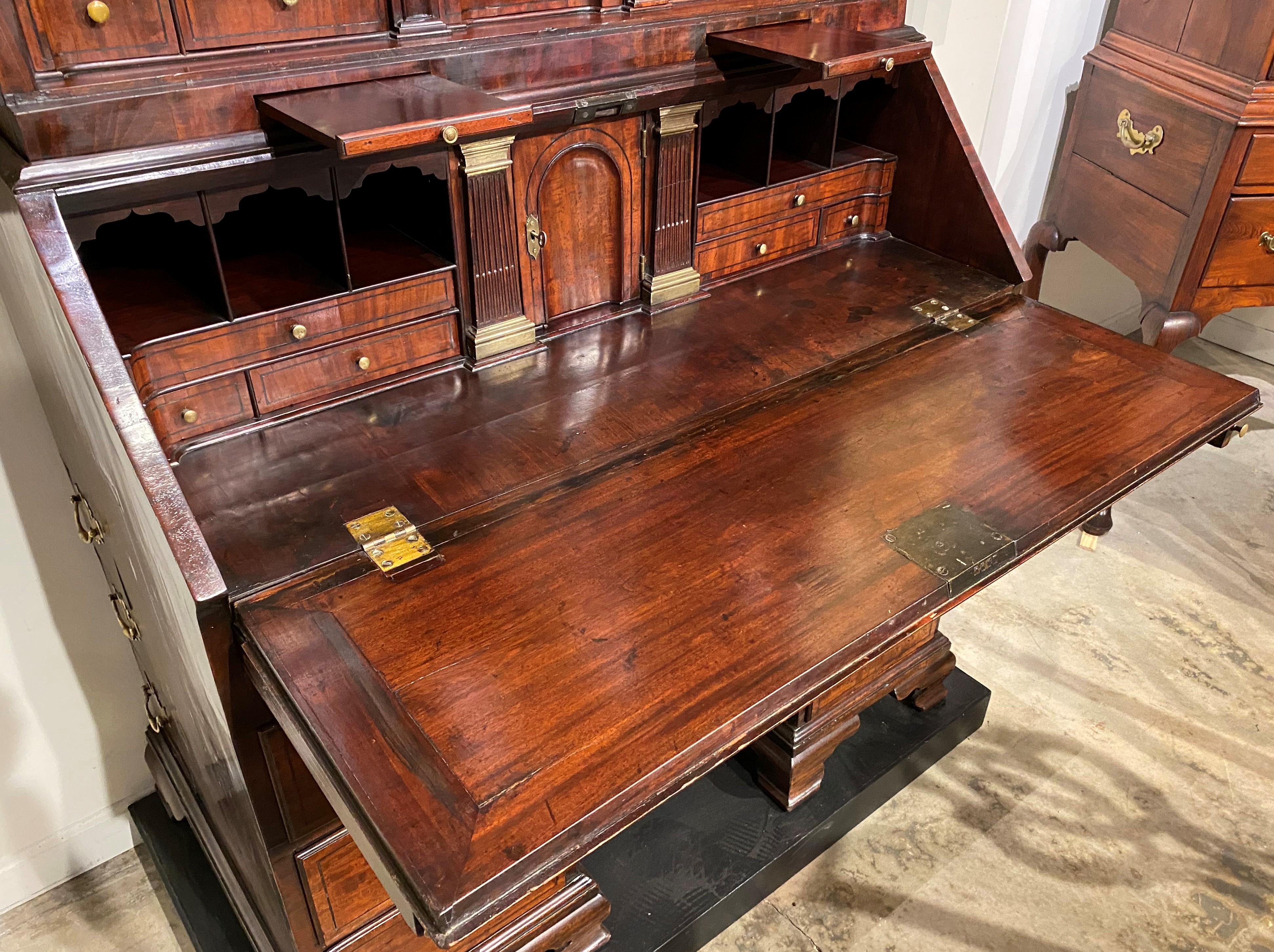 English Mahogany Two-Part Mirrored Secretary with Elaborate Upper Case c 1750-60 In Good Condition In Milford, NH