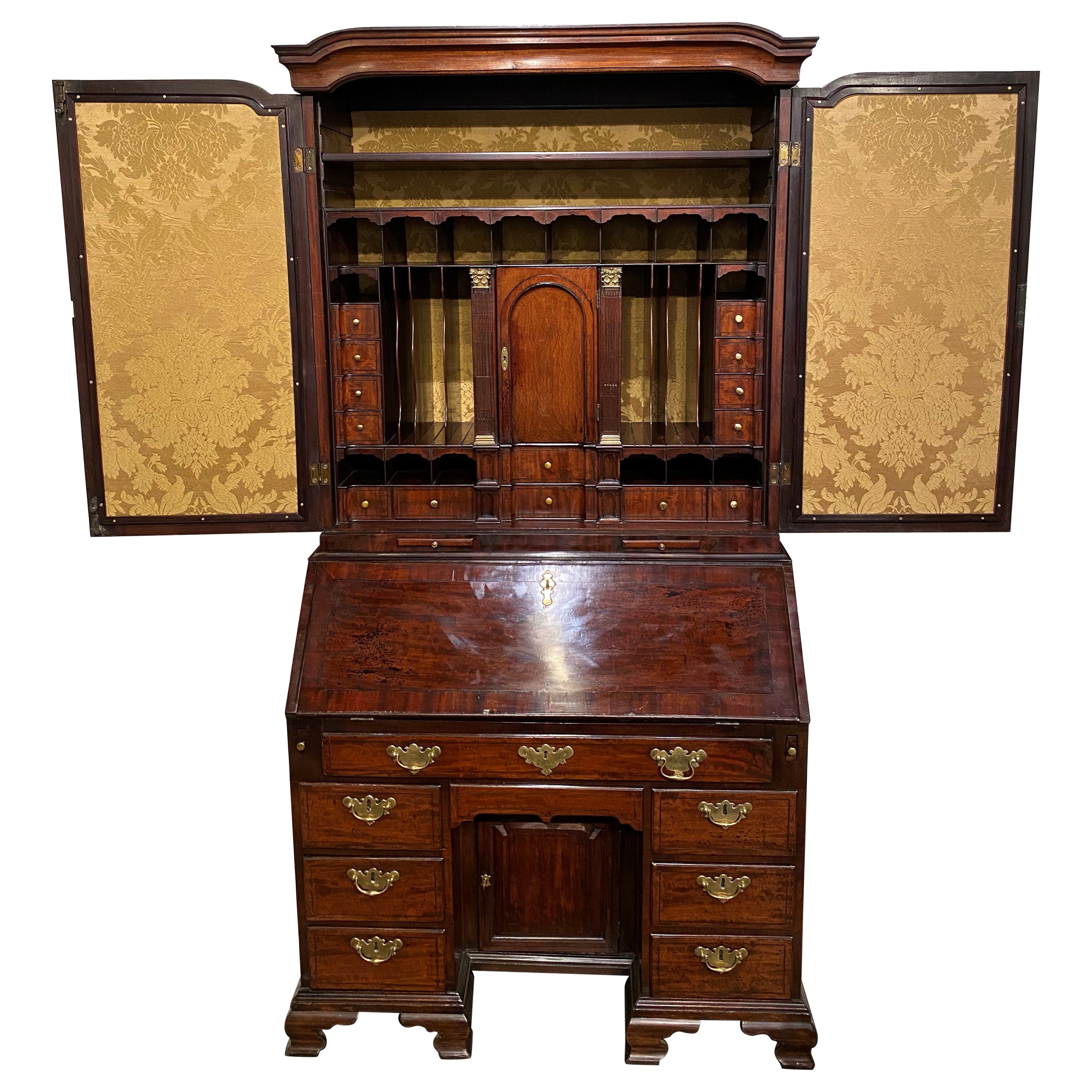 English Mahogany Two-Part Mirrored Secretary with Elaborate Upper Case c 1750-60