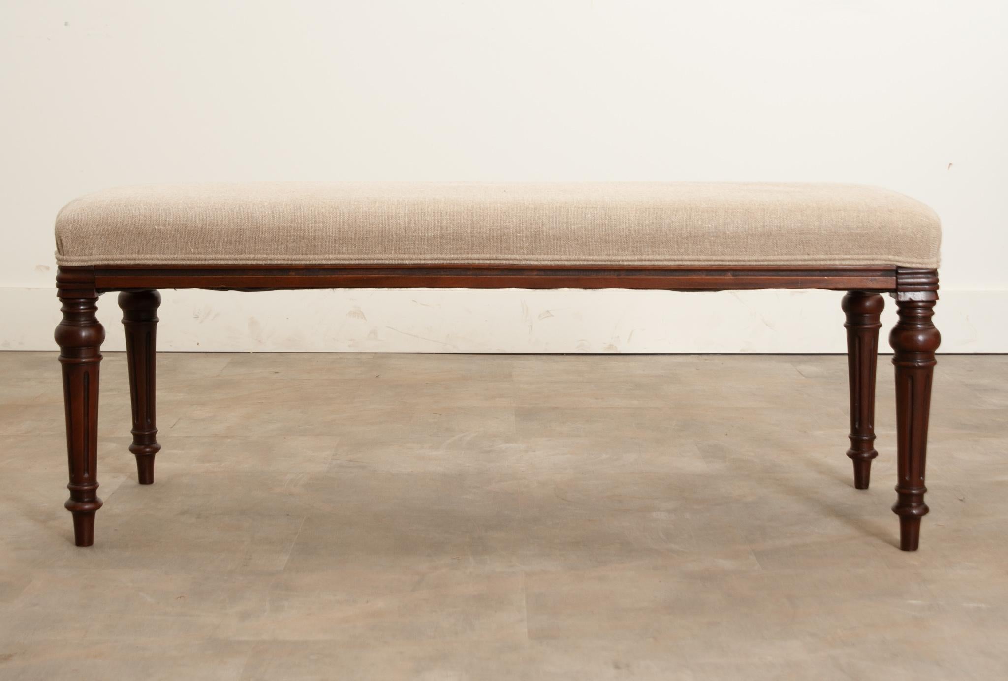 Hand-Crafted English Mahogany Upholstered Bench