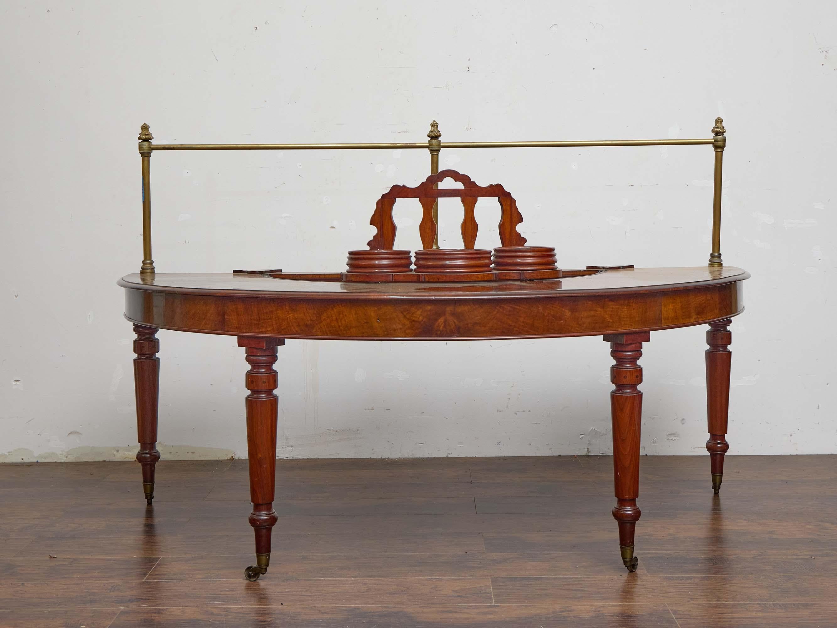 English Mahogany Wig Table with Turned Legs and Brass Gallery, circa 1830 In Good Condition For Sale In Atlanta, GA
