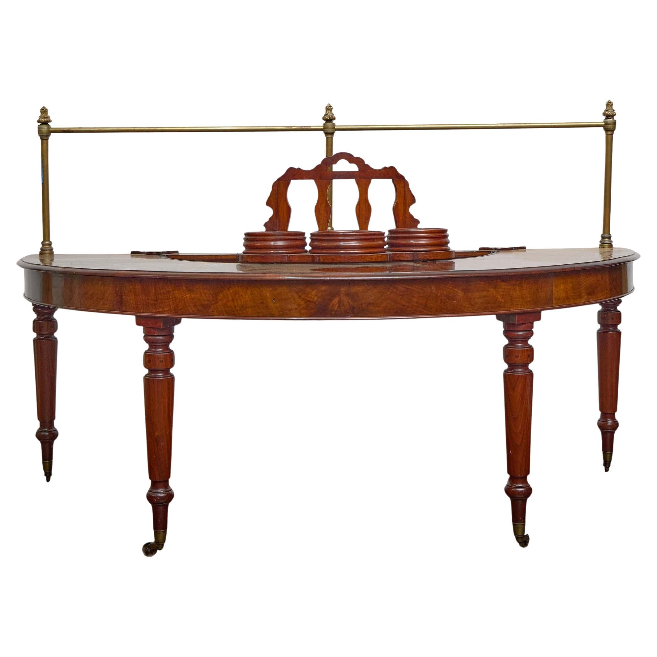 English Mahogany Wig Table with Turned Legs and Brass Gallery, circa 1830 For Sale