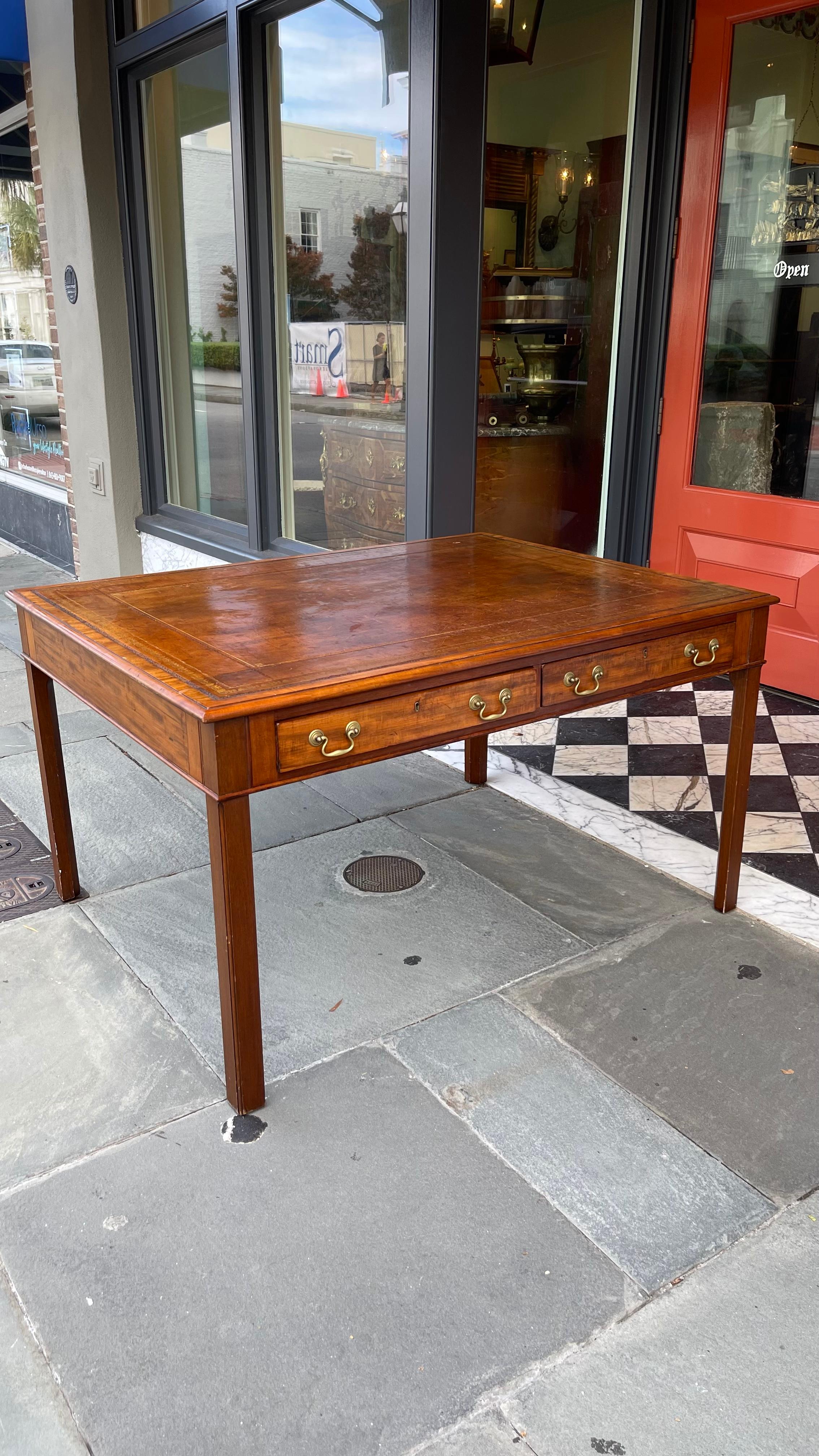 English Mahogany Writing Desk with 4 Drawers over Leather Tooled Writing Surface 3