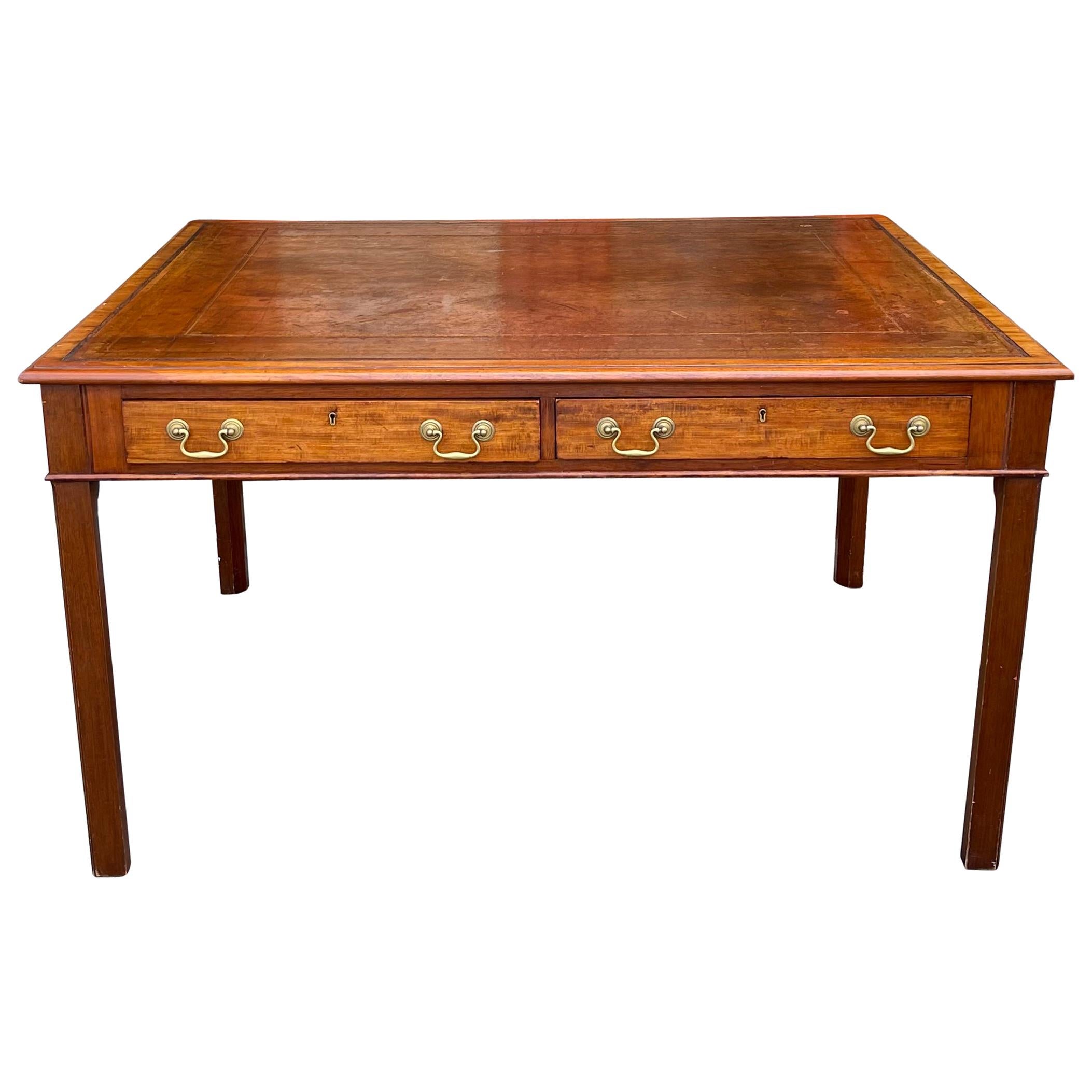English Mahogany Writing Desk with 4 Drawers over Leather Tooled Writing Surface