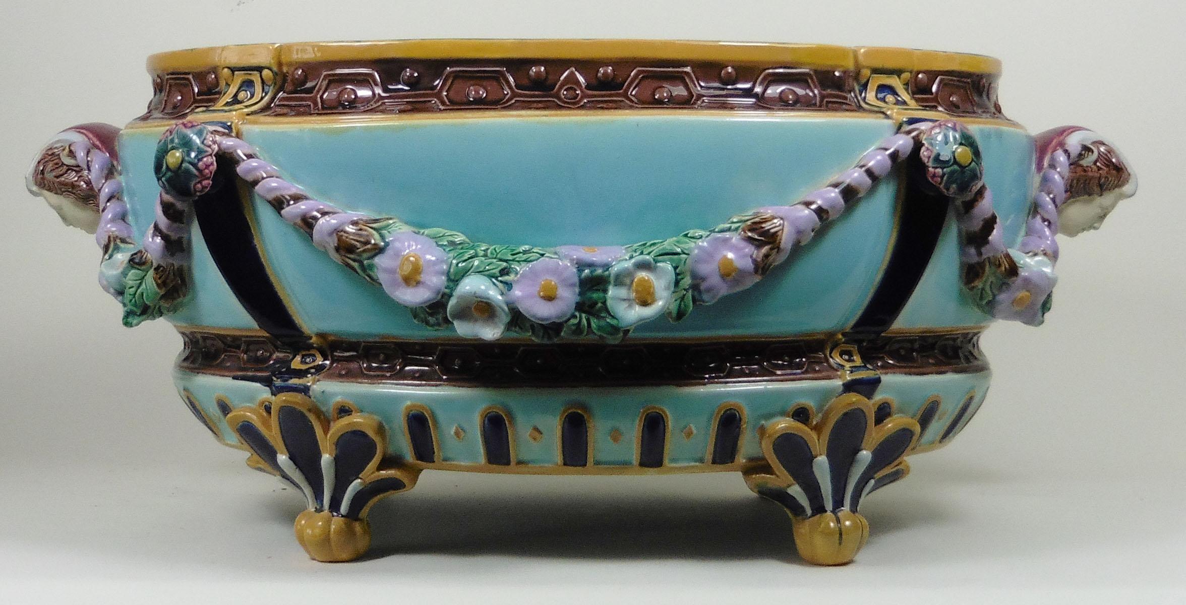 English Majolica Bamboo Jardiniere with Stag and Greyhound, circa 1880 In Good Condition In Austin, TX