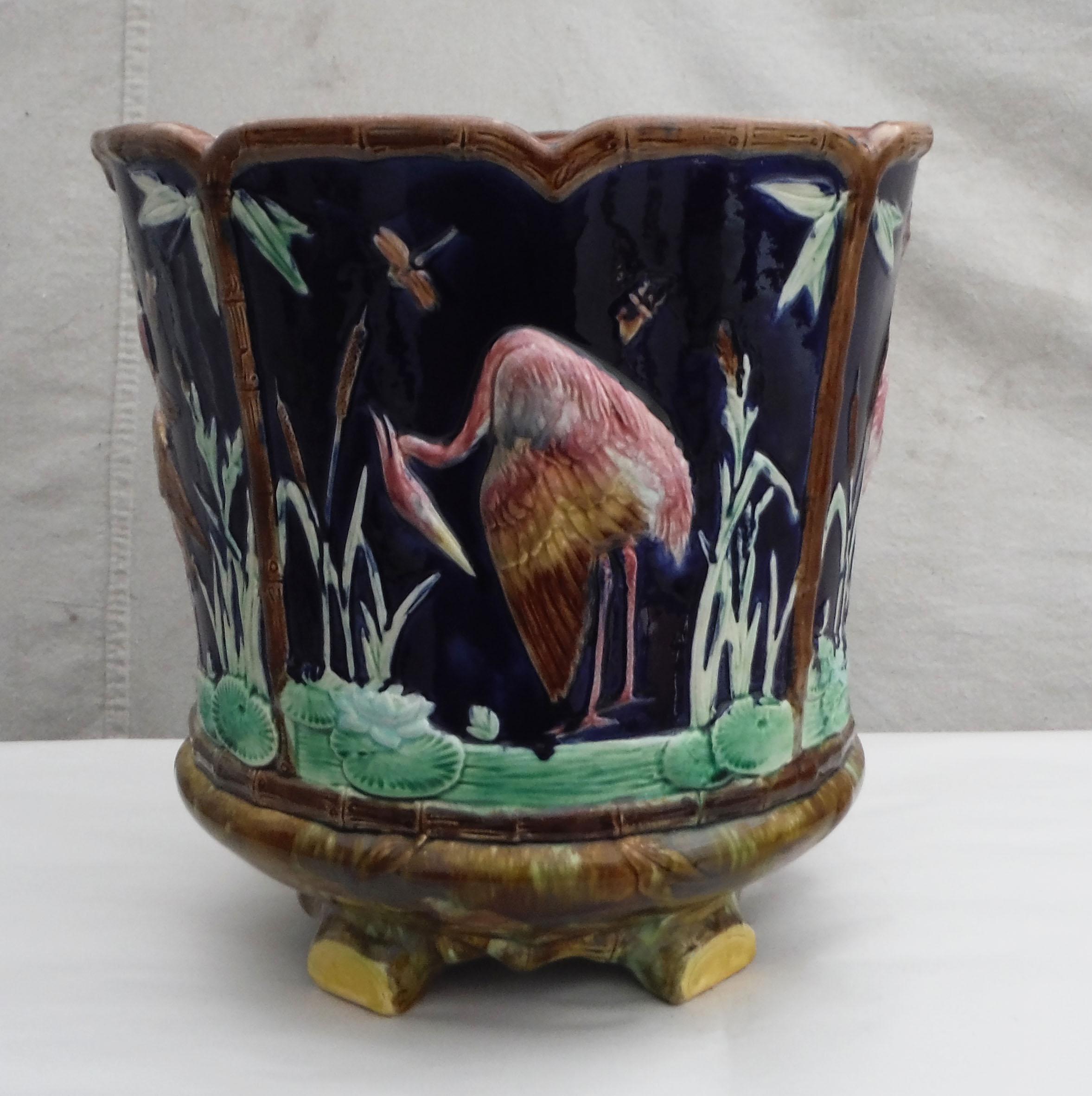 Late 19th Century English Majolica Bamboo Jardiniere with Stag and Greyhound, circa 1880