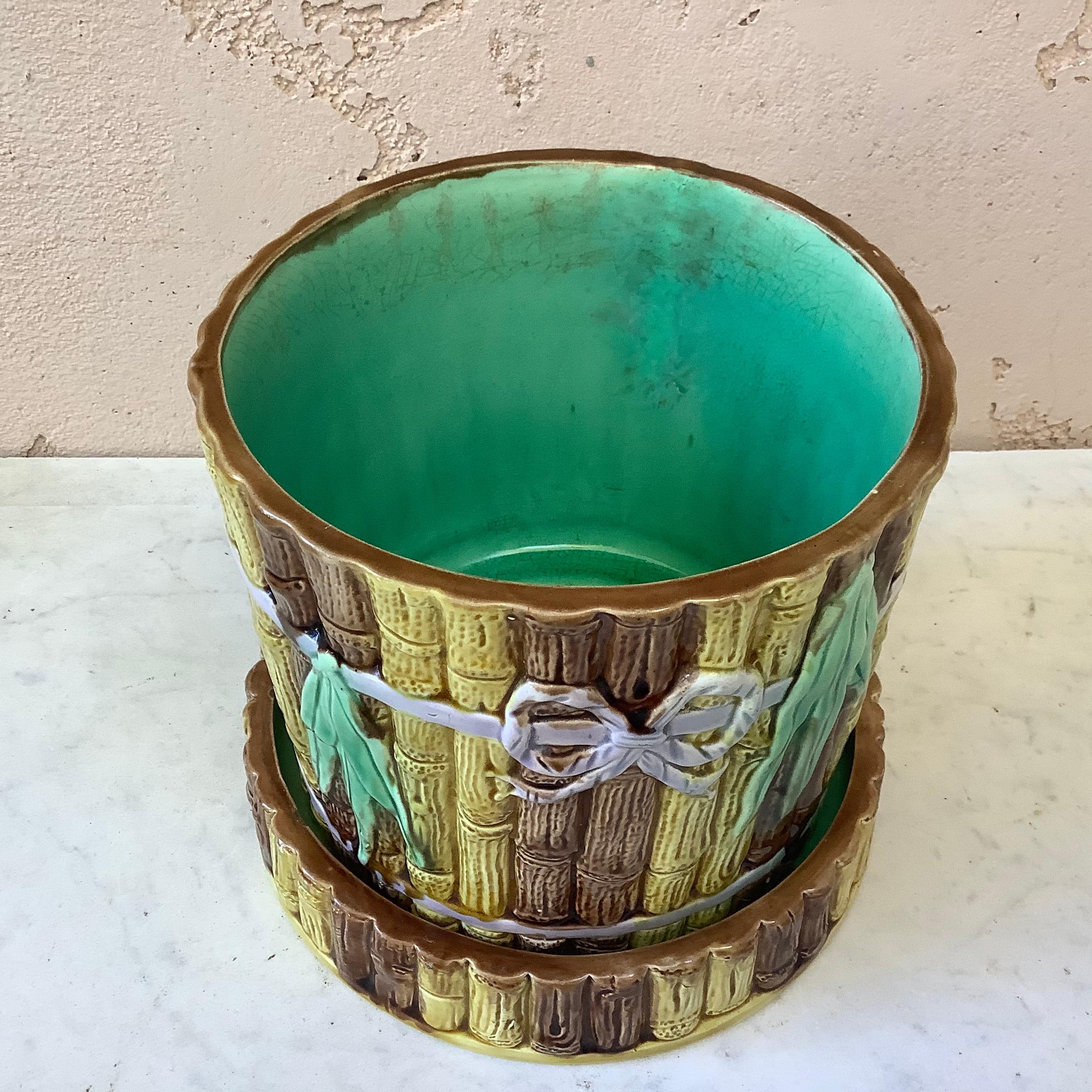 English Victorian Majolica bamboo planter and stand, circa 1880.