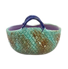 English Majolica Basket Mottled Green Cobalt Handle Lavender Interior, ca. 1875