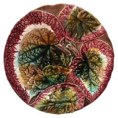 Antique English Majolica Begonia Leaves Cake Stand, circa 1890