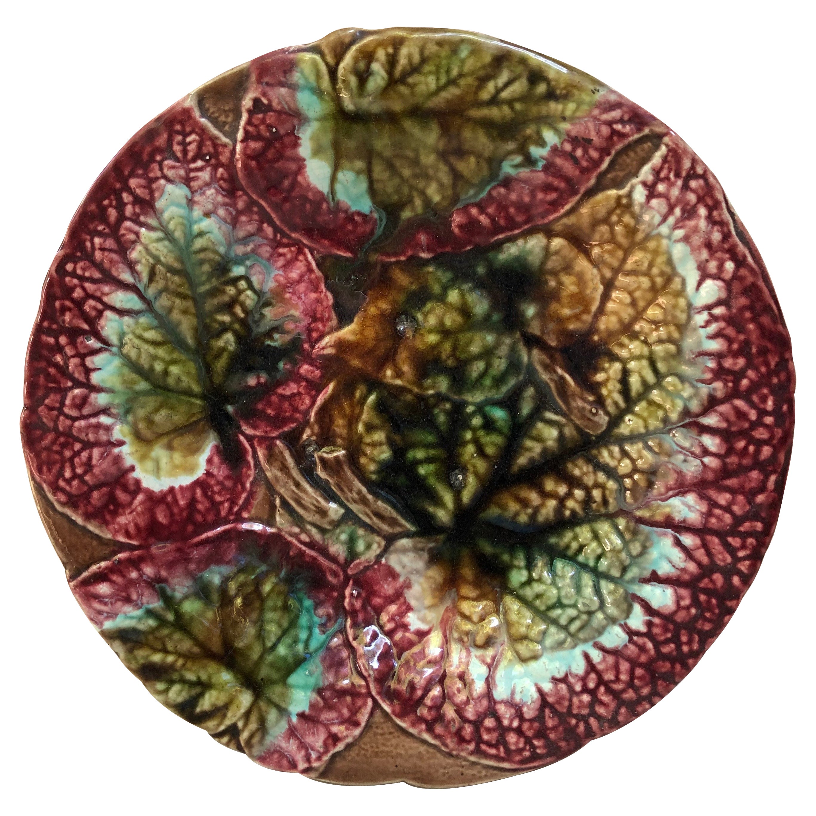 English Majolica Begonia Leaves Cake Stand, circa 1890
