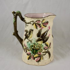 English Majolica Bird Nest Family in Tree Cream and Pink Pitcher, circa 1875