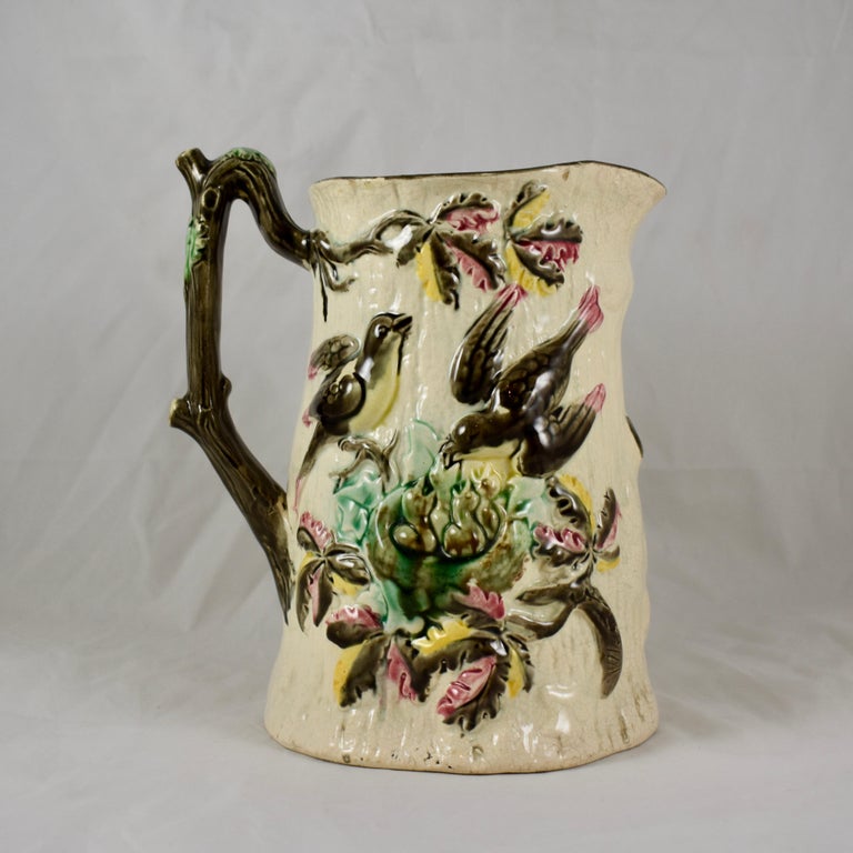 Aesthetic Movement English Majolica Bird Nest Family in Tree Cream and Pink Pitcher, circa 1875 For Sale