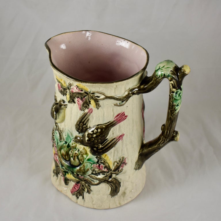 Glazed English Majolica Bird Nest Family in Tree Cream and Pink Pitcher, circa 1875 For Sale