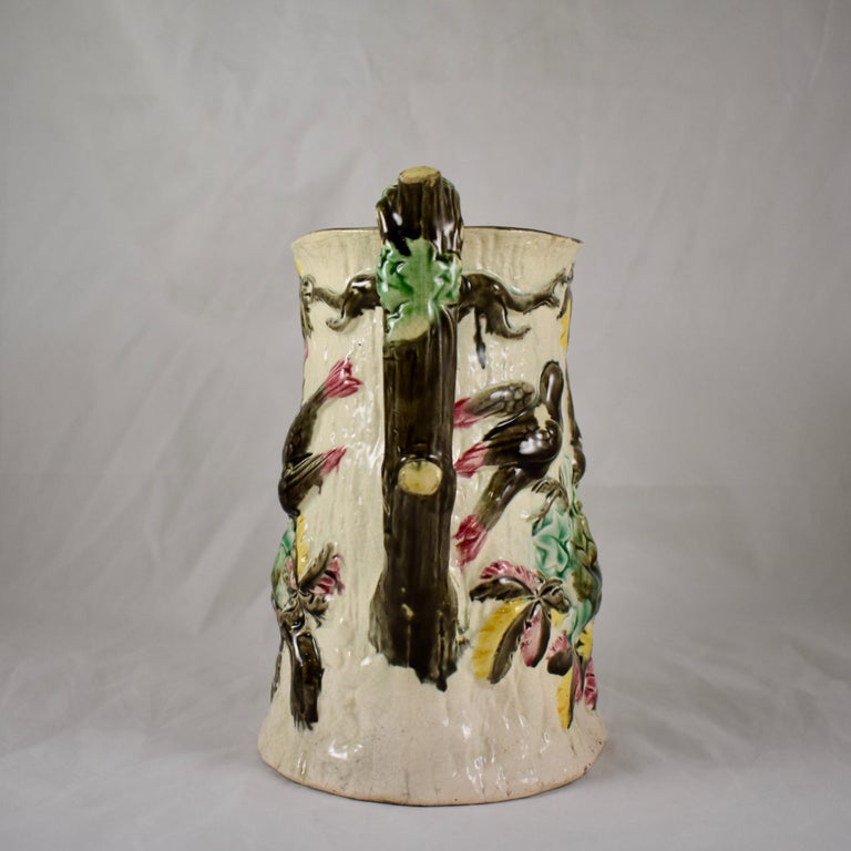 19th Century English Majolica Bird Nest Family in Tree Cream and Pink Pitcher, circa 1875 For Sale
