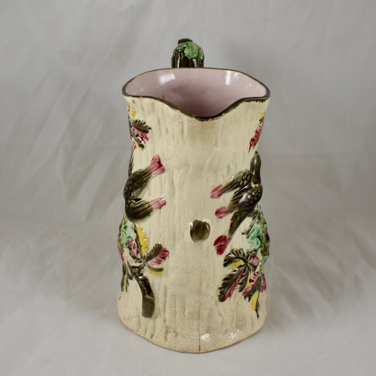 Earthenware English Majolica Bird Nest Family in Tree Cream and Pink Pitcher, circa 1875 For Sale