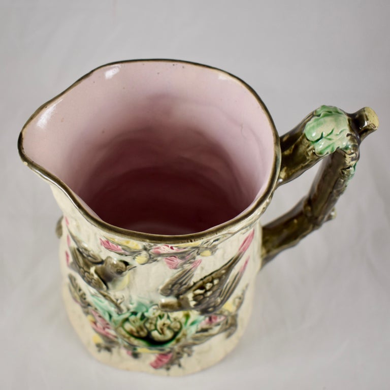 English Majolica Bird Nest Family in Tree Cream and Pink Pitcher, circa 1875 For Sale 1