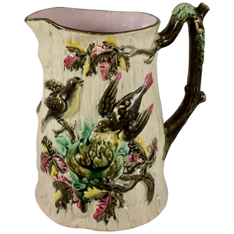 English Majolica Bird Nest Family in Tree Cream and Pink Pitcher, circa 1875 For Sale
