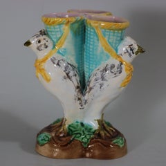 English Majolica Bird Triple Throated Vase