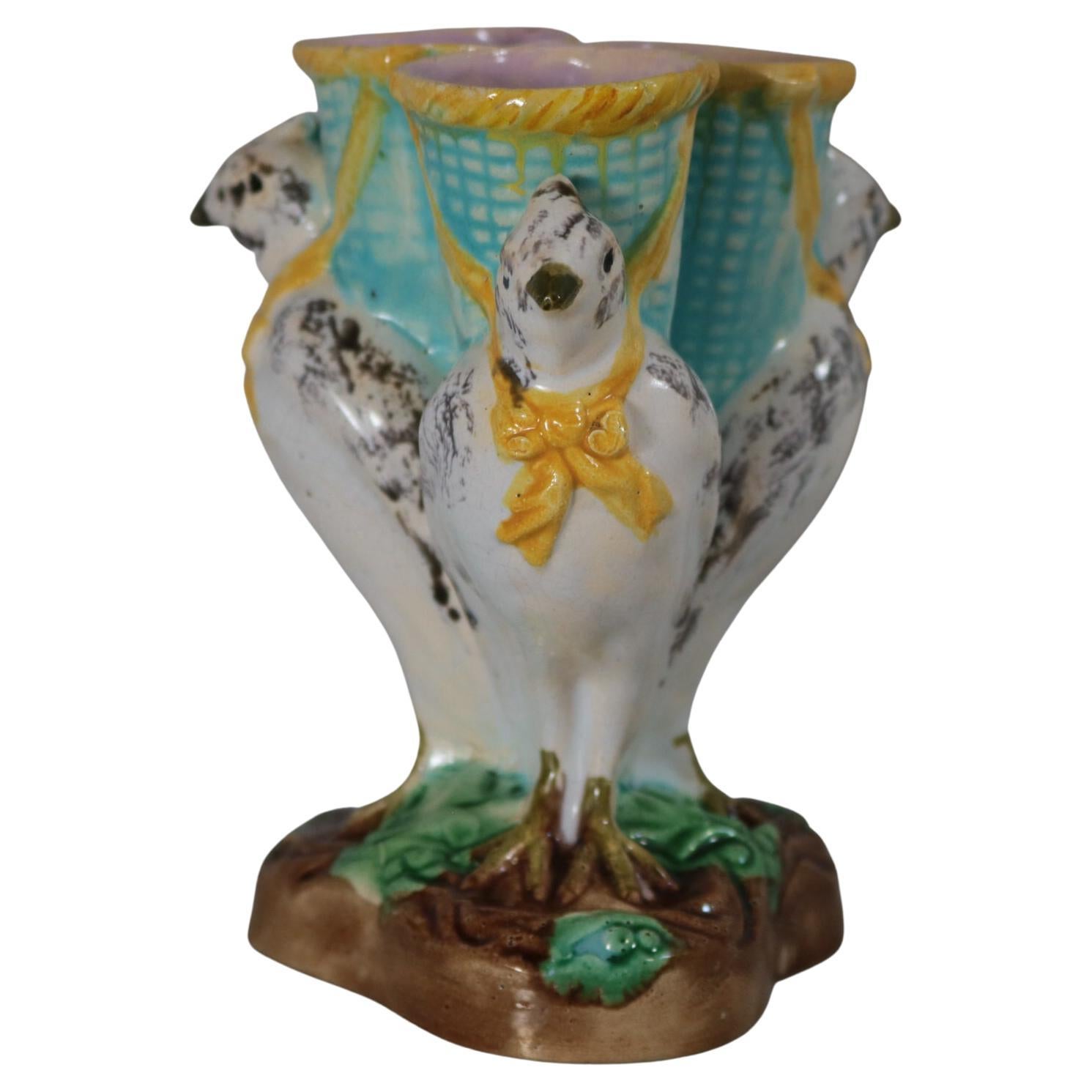 English Majolica Bird Triple Throated Vase For Sale