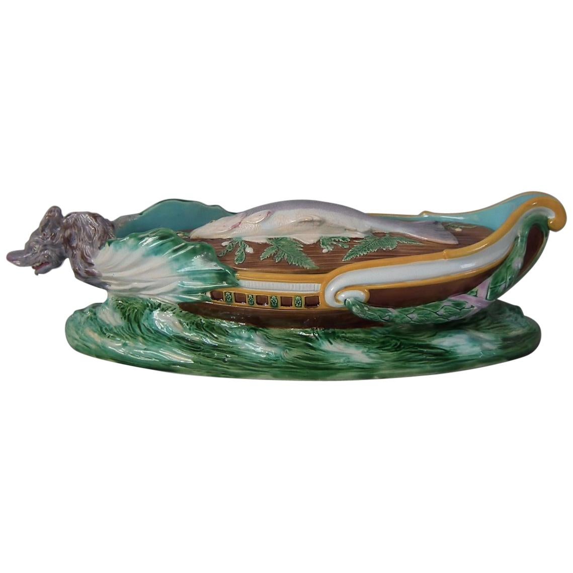 English Majolica Boat Tureen with Fish Cover For Sale