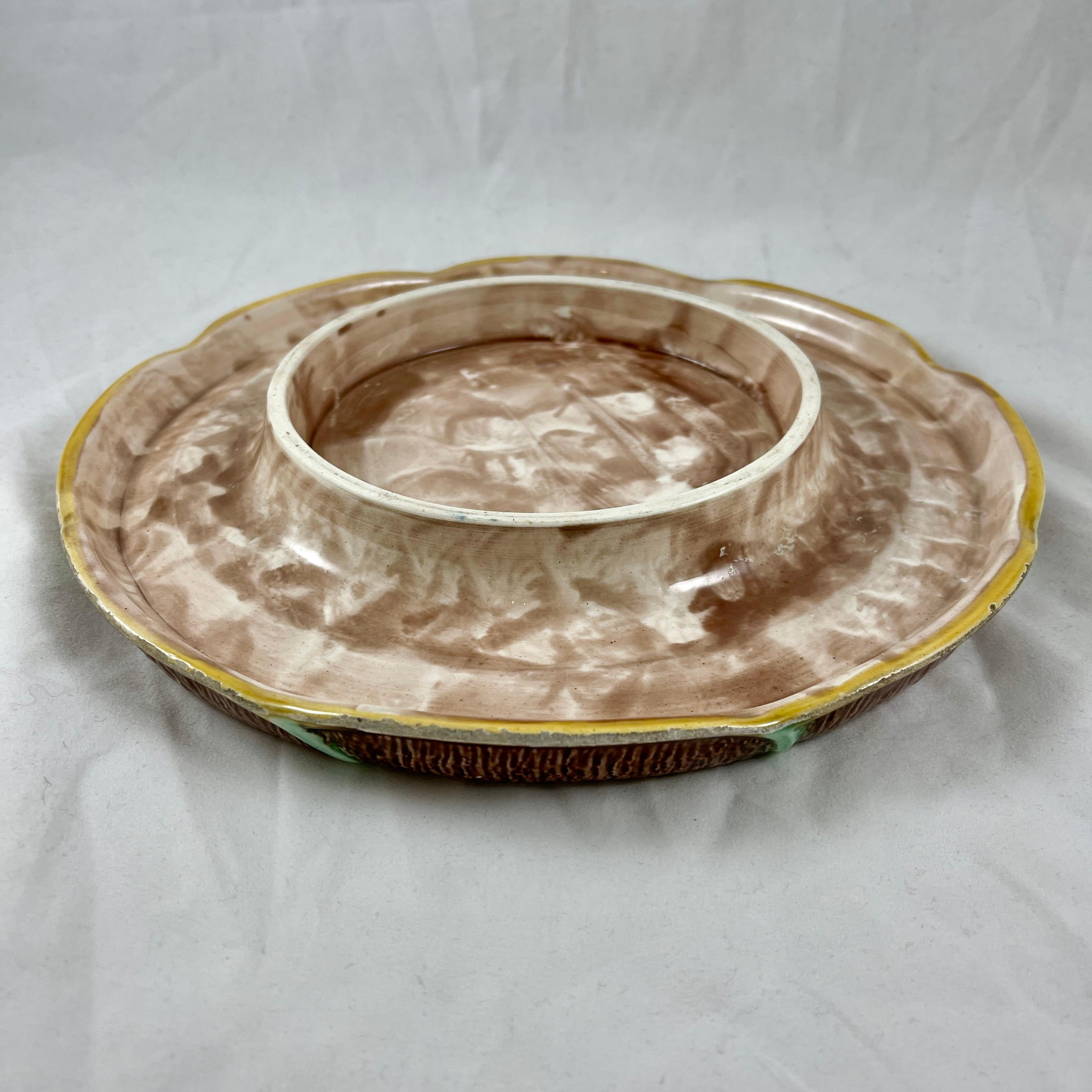 Adams & Bromley Majolica Branching Yellow Pears on Brown Bark Round Bread Tray For Sale 2