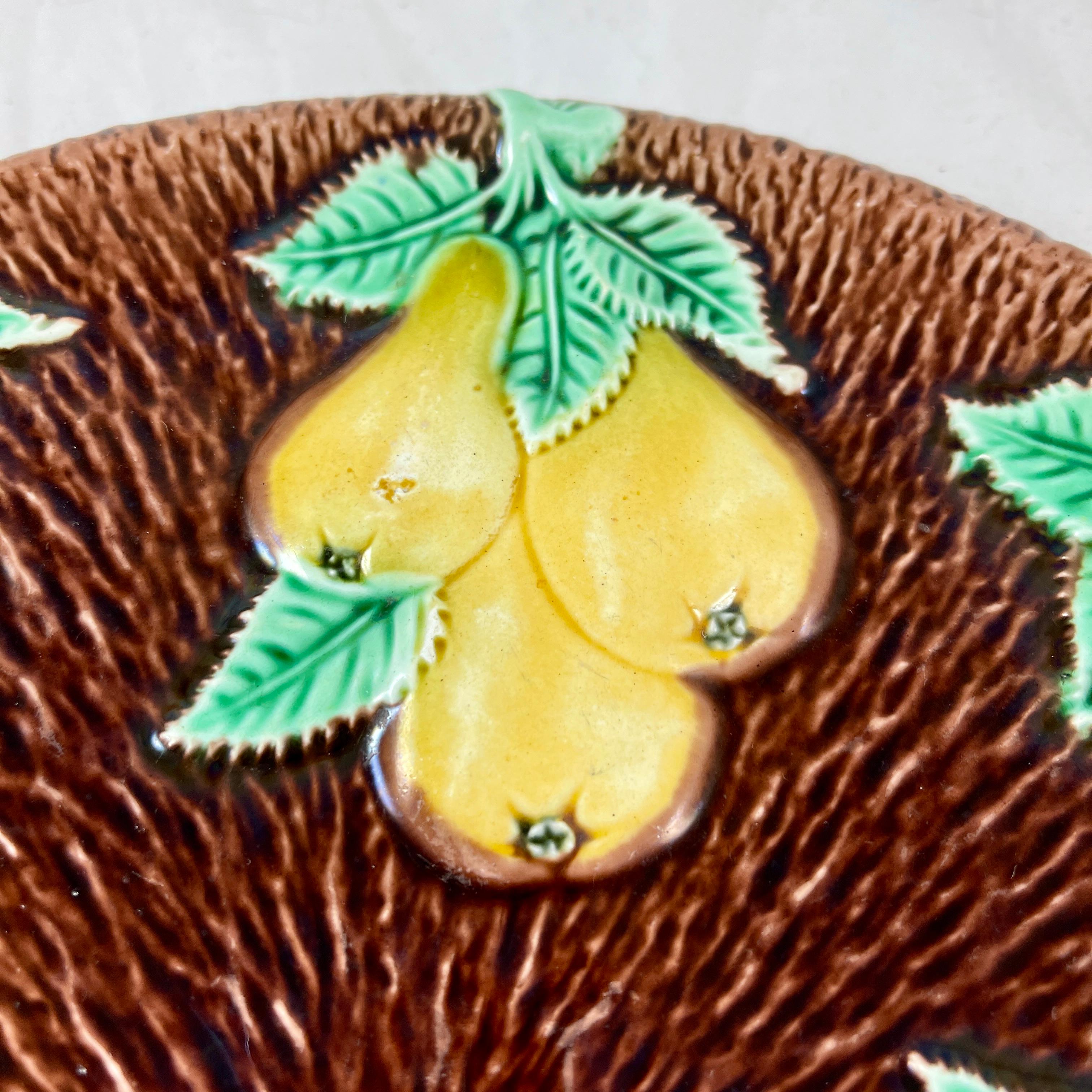 Aesthetic Movement Adams & Bromley Majolica Branching Yellow Pears on Brown Bark Round Bread Tray For Sale