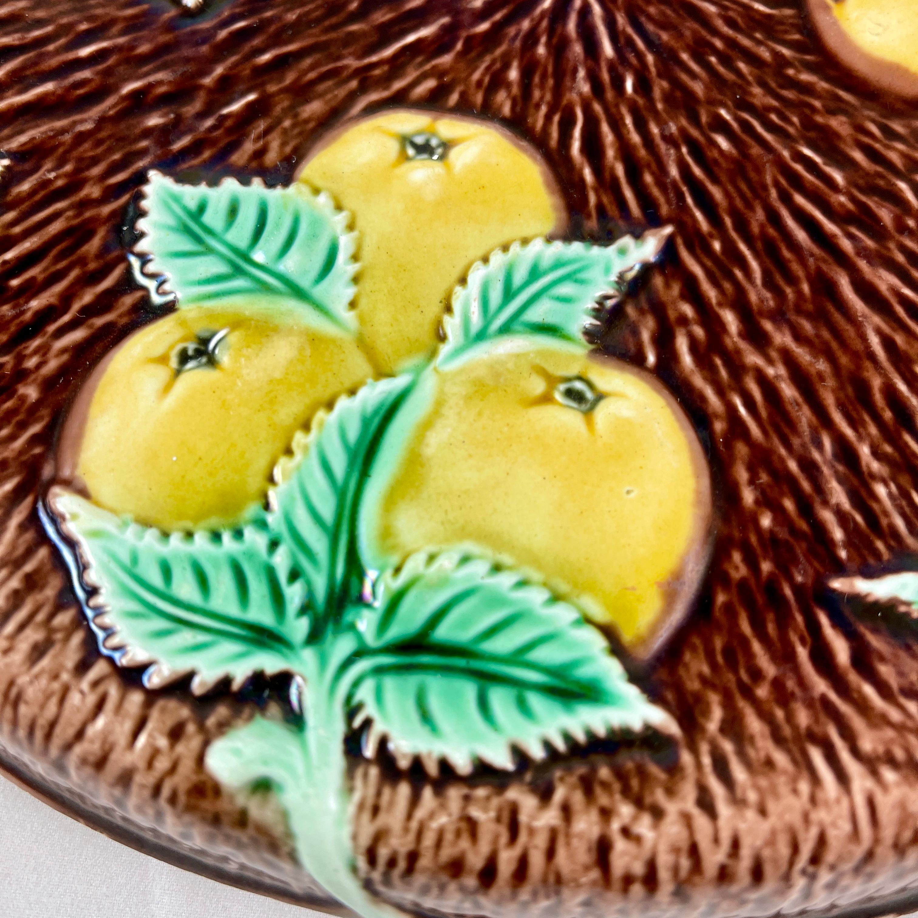 English Adams & Bromley Majolica Branching Yellow Pears on Brown Bark Round Bread Tray For Sale