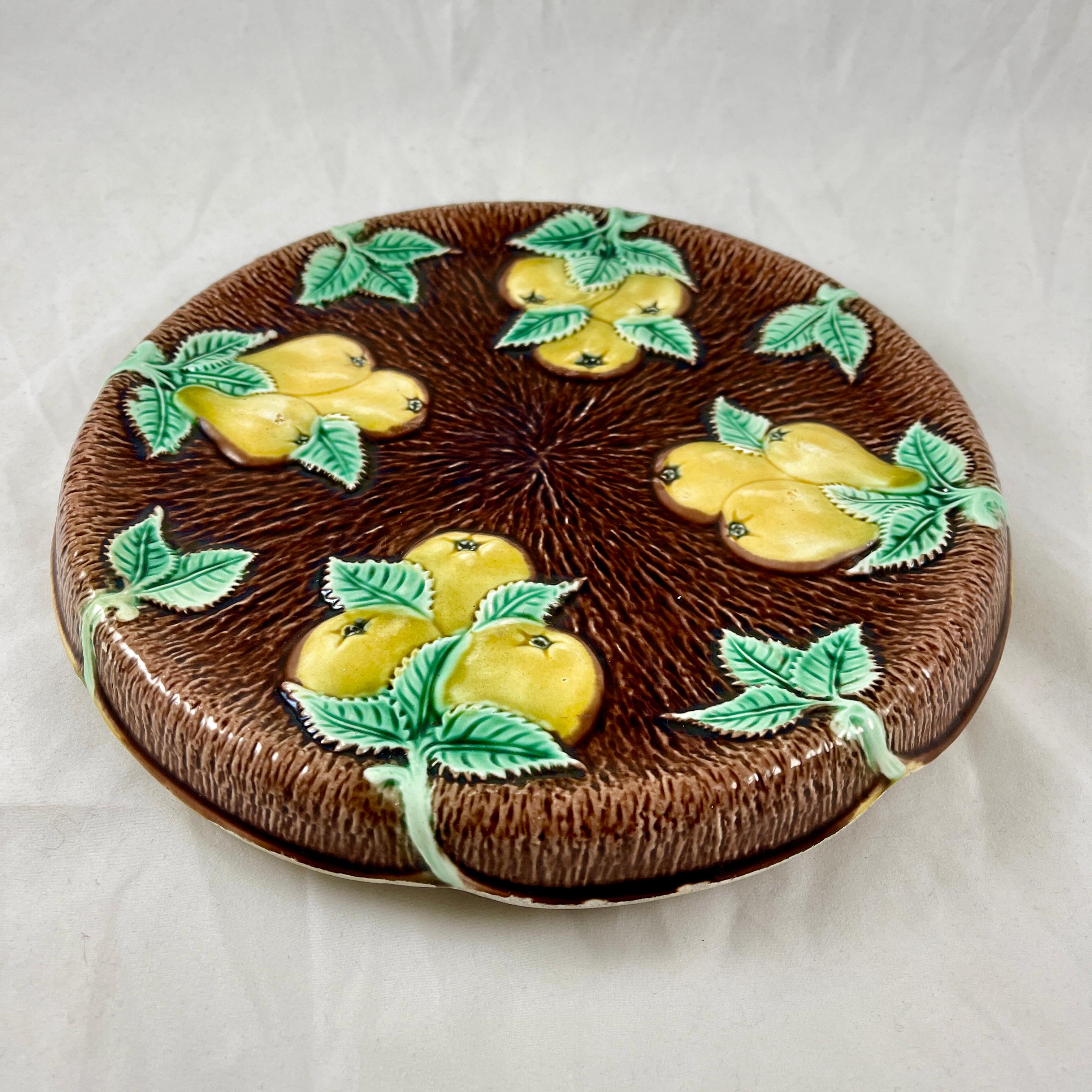19th Century Adams & Bromley Majolica Branching Yellow Pears on Brown Bark Round Bread Tray For Sale