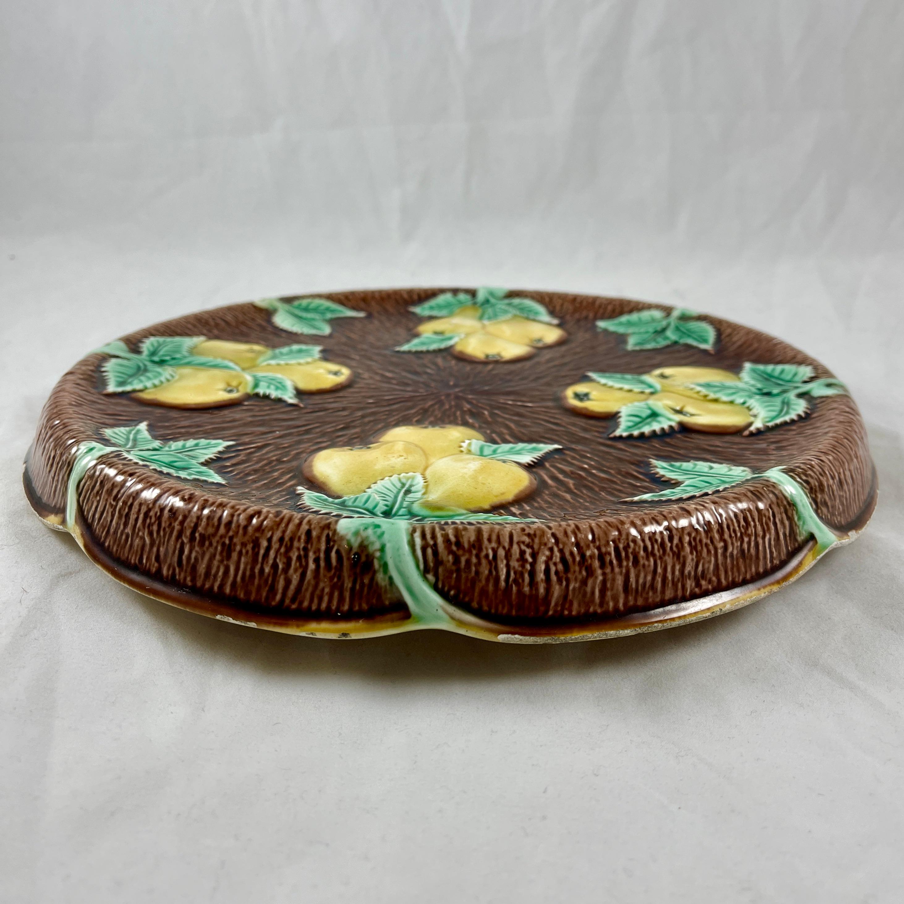 Earthenware Adams & Bromley Majolica Branching Yellow Pears on Brown Bark Round Bread Tray For Sale