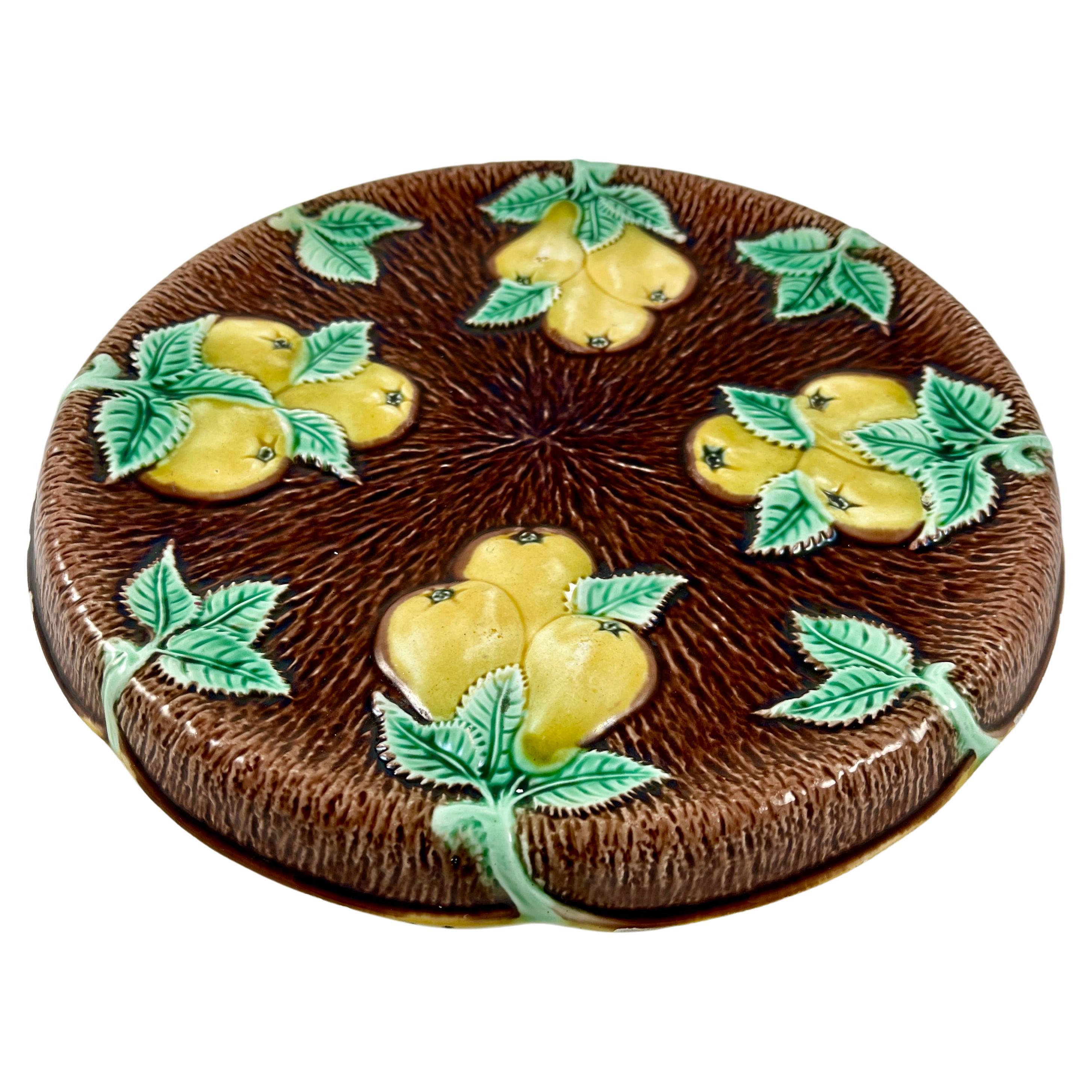 Adams & Bromley Majolica Branching Yellow Pears on Brown Bark Round Bread Tray For Sale