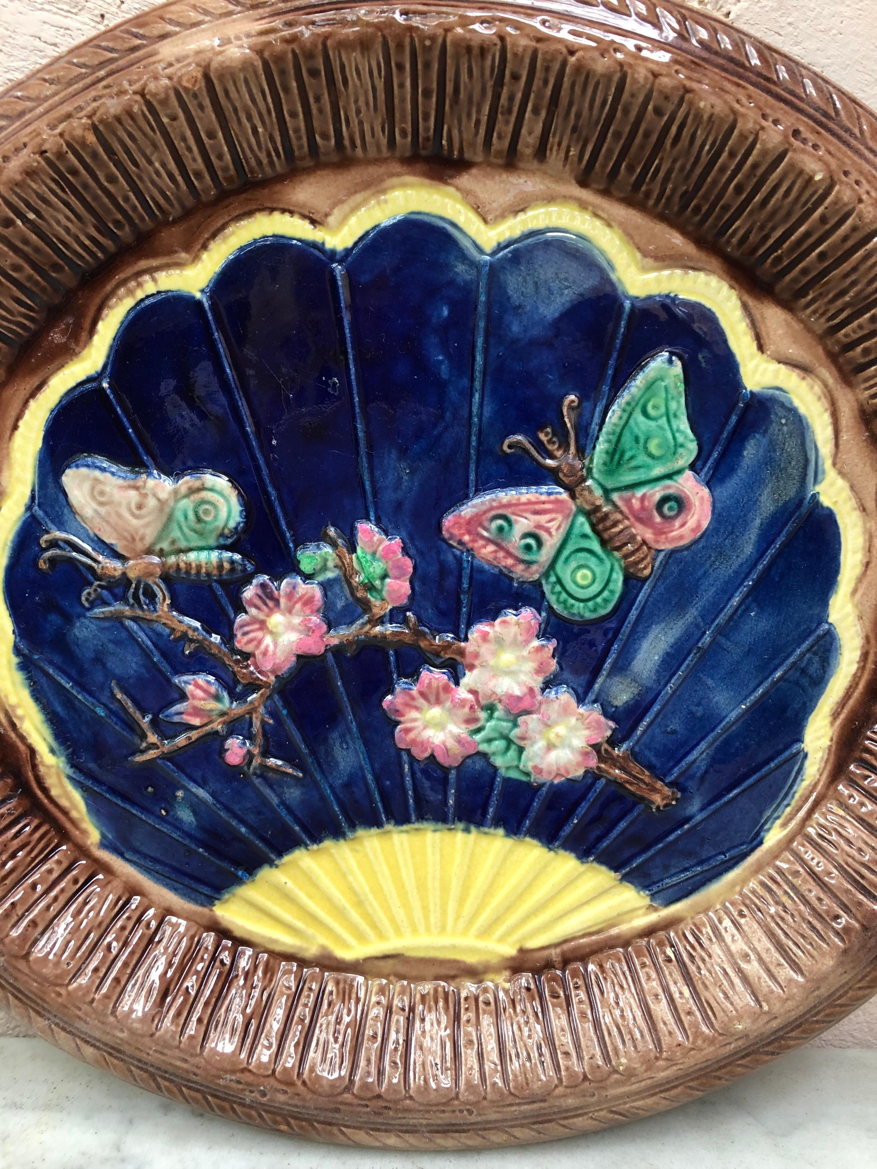 Victorian English Majolica Butterflies Platter Circa 1890 For Sale