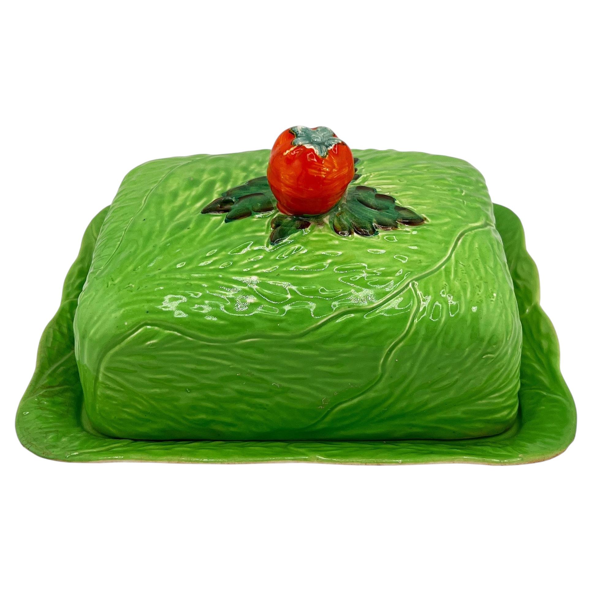 English Majolica Cabbage Butter or Cheese Dish with Tomato Finial, circa 1920s