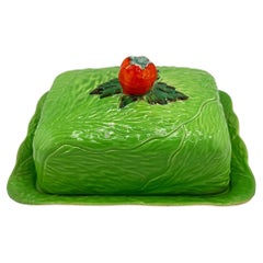English Majolica Cabbage Butter or Cheese Dish with Tomato Finial, circa 1920s