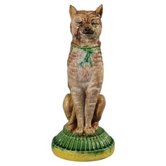 English Majolica Cat 'IVE EATEN THE CANARY' Figure