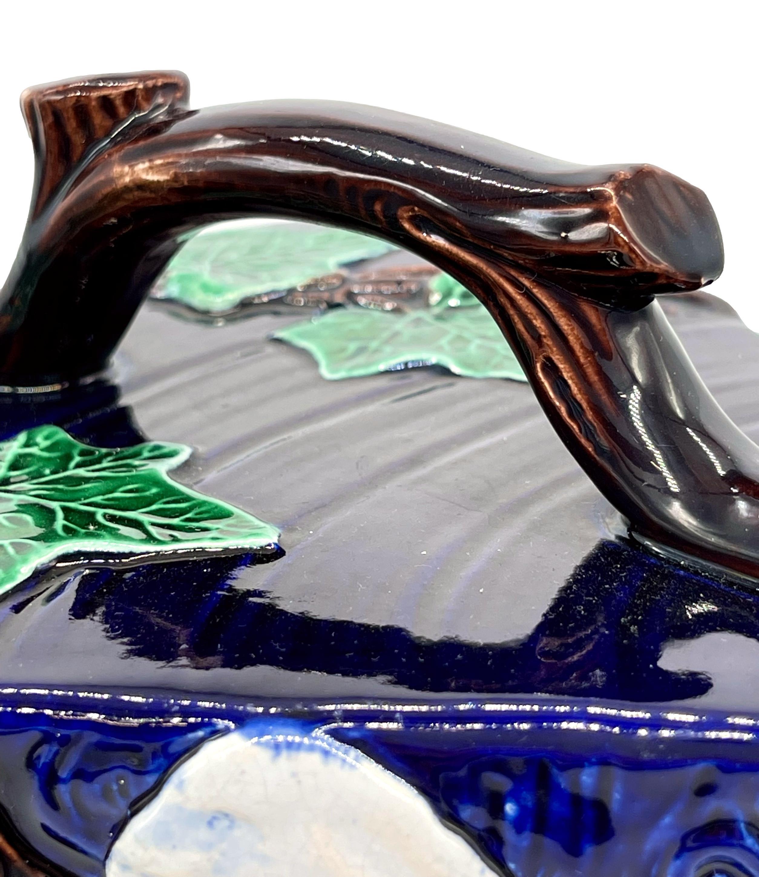 English Majolica Cheese Wedge Dome & Stand, Flowers, Ivy on Cobalt, ca. 1875 9