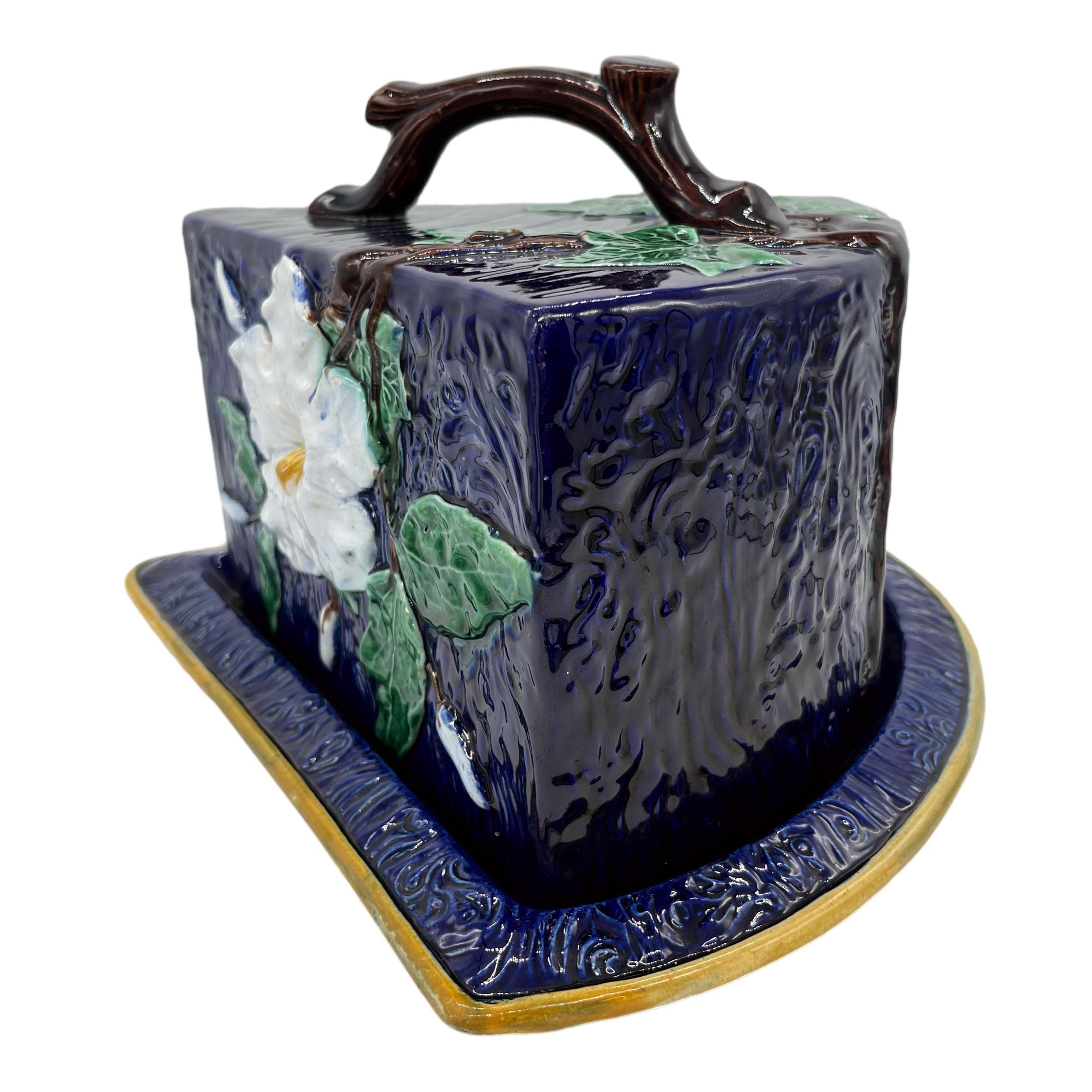 Victorian English Majolica Cheese Wedge Dome & Stand, Flowers, Ivy on Cobalt, ca. 1875