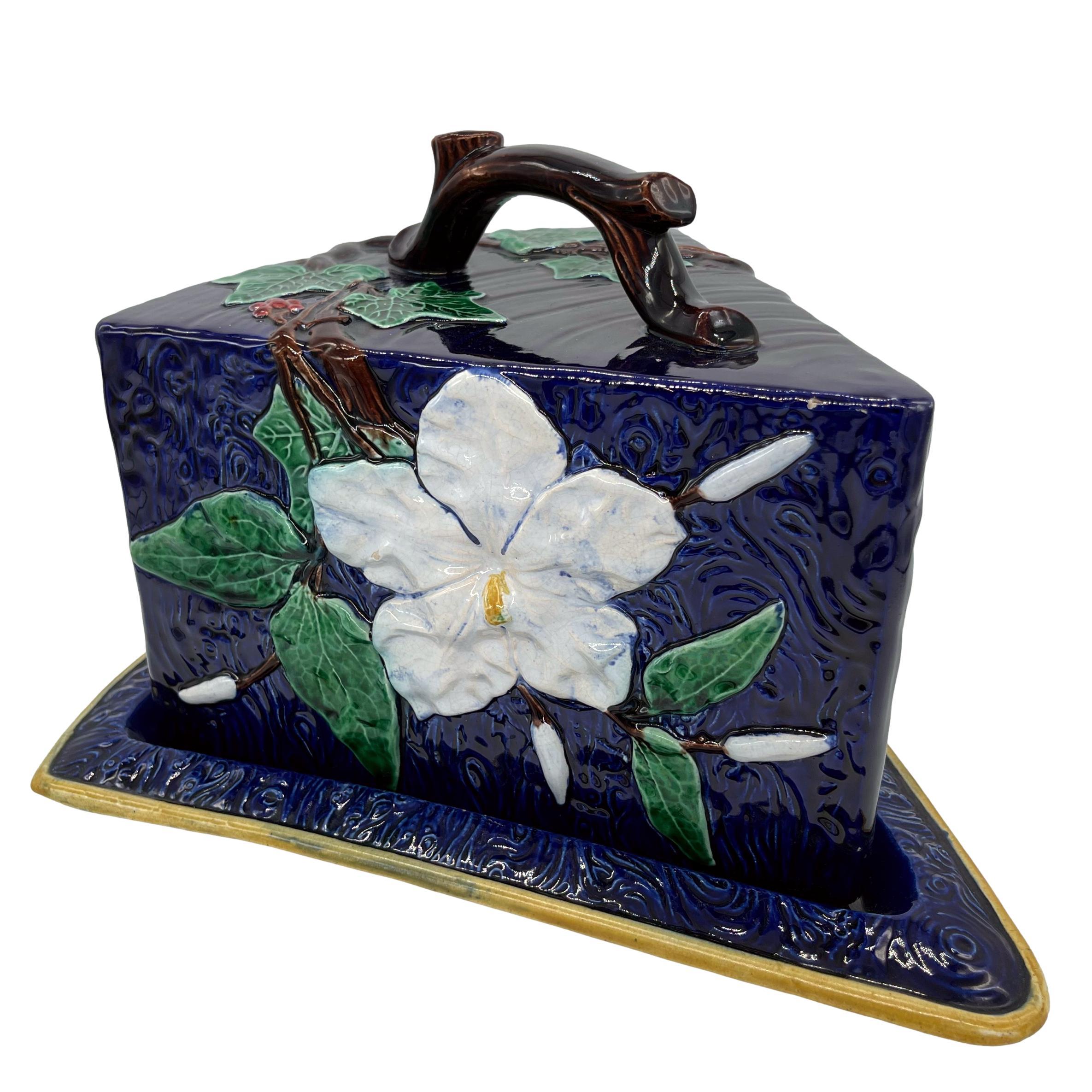 19th Century English Majolica Cheese Wedge Dome & Stand, Flowers, Ivy on Cobalt, ca. 1875