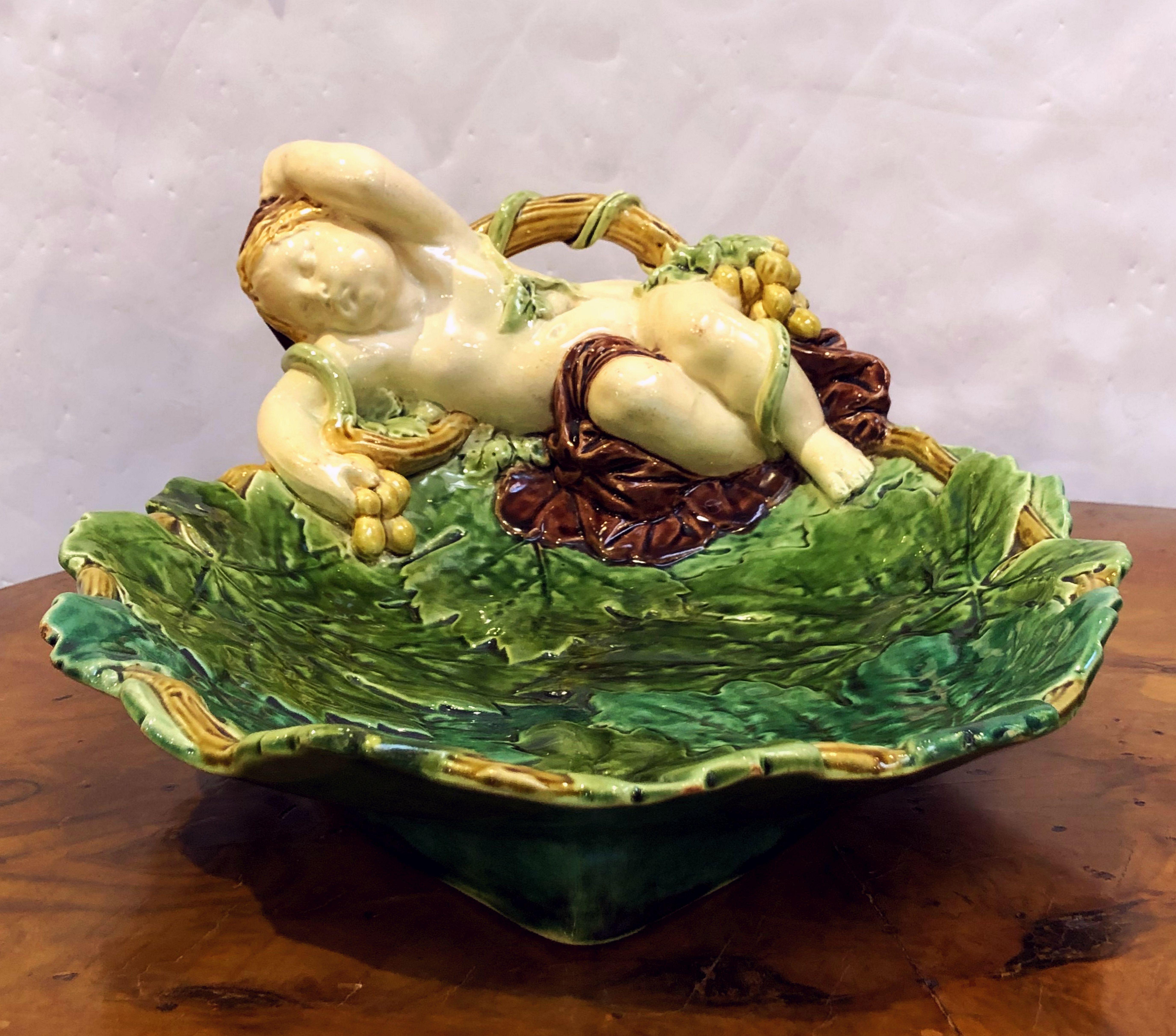 Ceramic English Majolica Cherub Dish by Minton For Sale