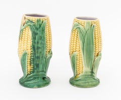 Group of Three English Majolica Ear of Corn Pitcher and Vases
