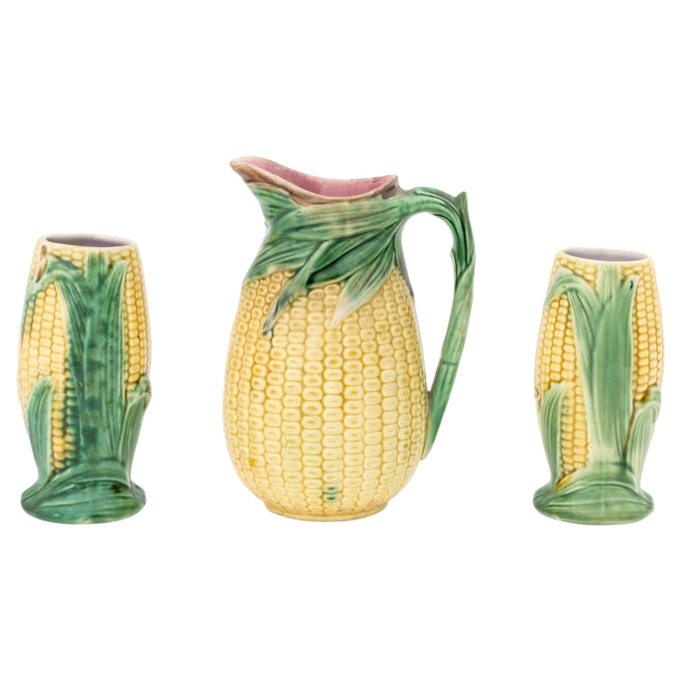 Group of Three English Majolica Ear of Corn Pitcher and Vases For Sale