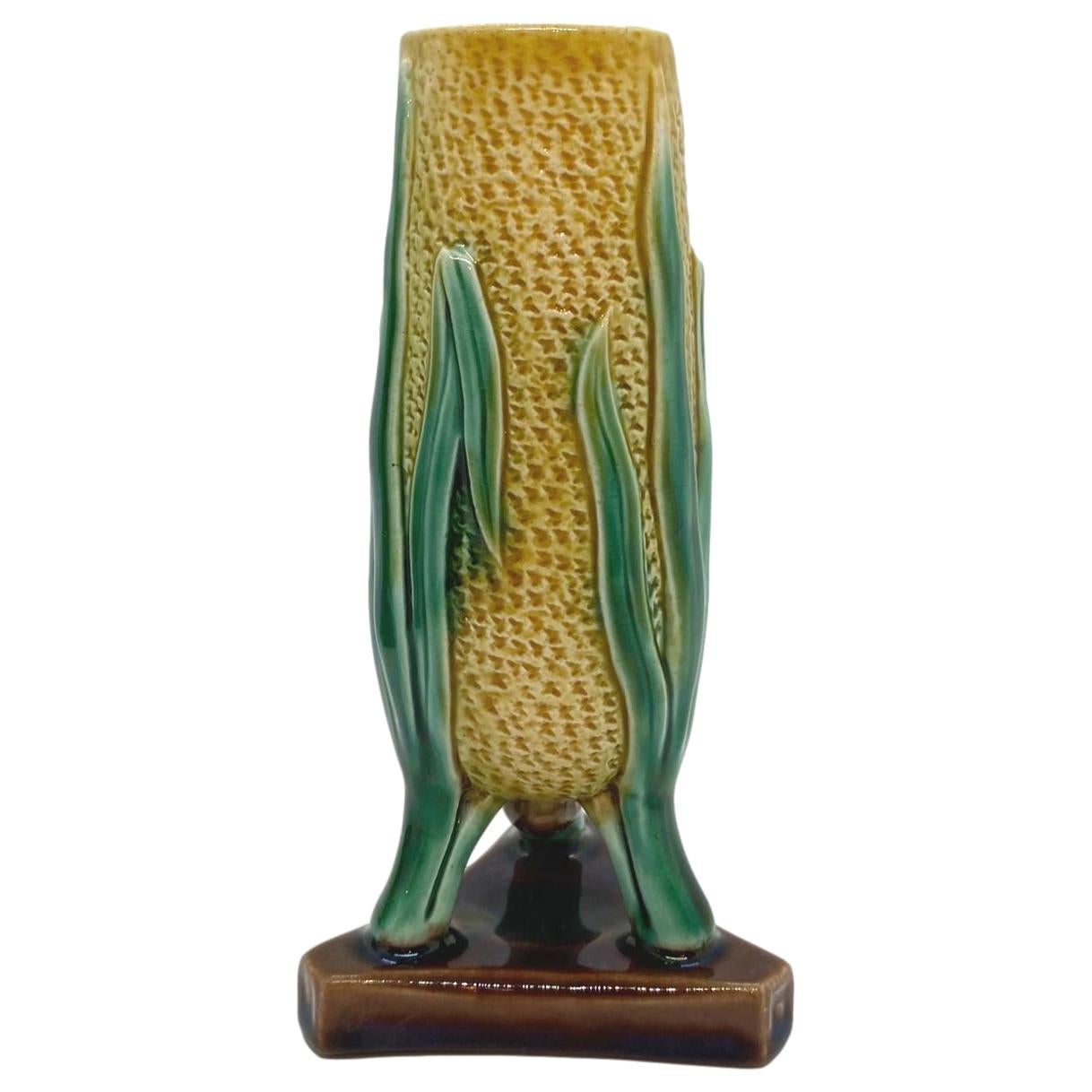 English Majolica Corn Vase Posy Holder in Yellow, Green, Pink, ca. 1875