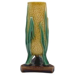 English Majolica Corn Vase Posy Holder in Yellow, Green, Pink, ca. 1875