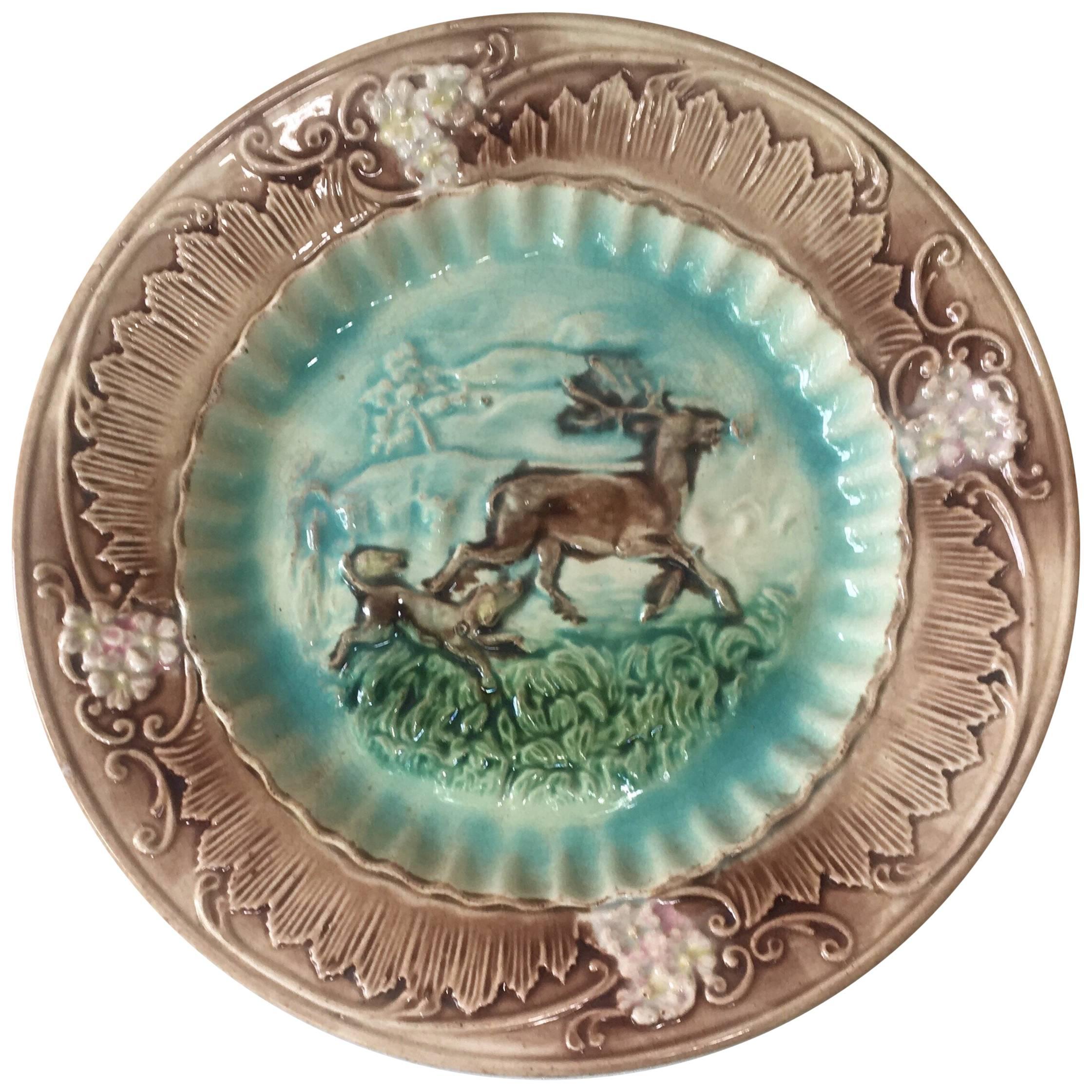 English Majolica Deer and Dog Plate, circa 1880