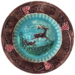 English Majolica Deer and Dog Plate, circa 1880